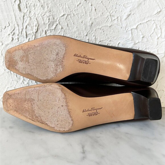 Salvatore Ferragamo Brown Leather Pumps 9.5 AAAA Narrow Silver Bar Square Toe - Picture 5 of 8